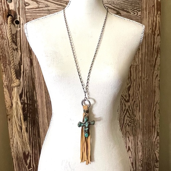 NEW Jamie Dietrich Silver Turquoise Cross Tan Tassel Stainless Steel Necklace - Picture 2 of 14